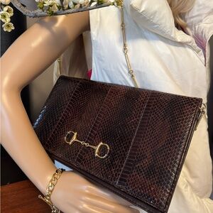 Vintage Snake Skin Brown Leather Clutch with Gold Accents
